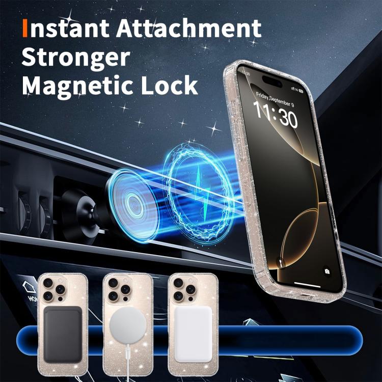 For iPhone 16 Pro Clear Glitter Magnetic PC Hybrid TPU Phone Case