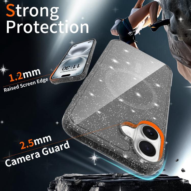 For iPhone 16 Plus Clear Glitter Magnetic PC Hybrid TPU Phone Case