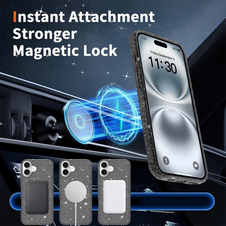 For iPhone 16 Plus Clear Glitter Magnetic PC Hybrid TPU Phone Case