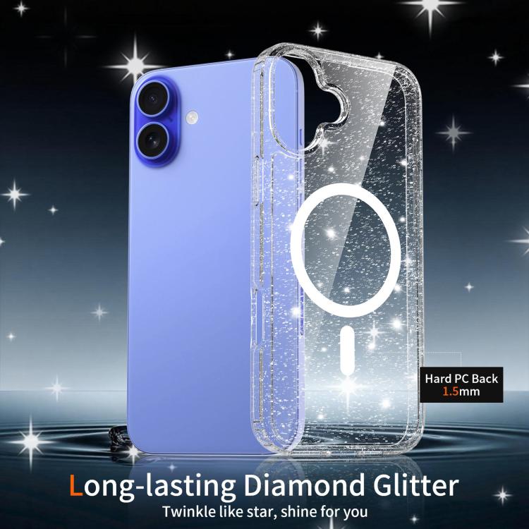 For iPhone 16 Plus Clear Glitter Magnetic PC Hybrid TPU Phone Case