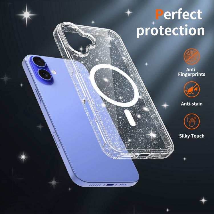 For iPhone 16 Plus Clear Glitter Magnetic PC Hybrid TPU Phone Case