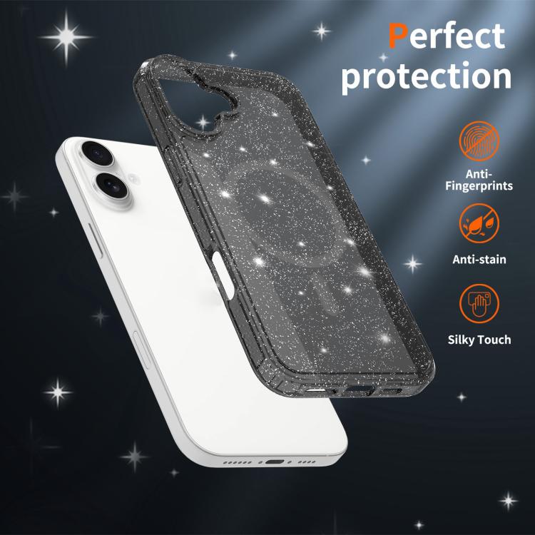 For iPhone 16 Clear Glitter Magnetic PC Hybrid TPU Phone Case