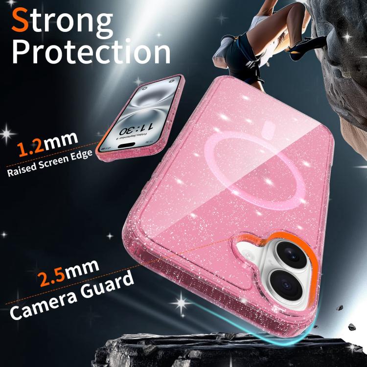 For iPhone 16 Clear Glitter Magnetic PC Hybrid TPU Phone Case