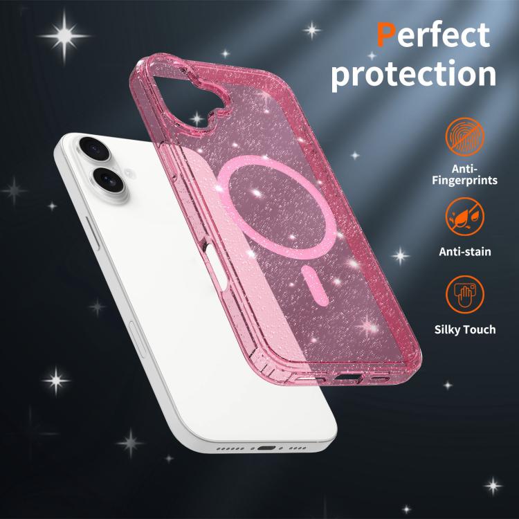 For iPhone 16 Clear Glitter Magnetic PC Hybrid TPU Phone Case