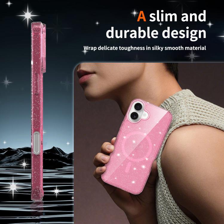 For iPhone 16 Clear Glitter Magnetic PC Hybrid TPU Phone Case