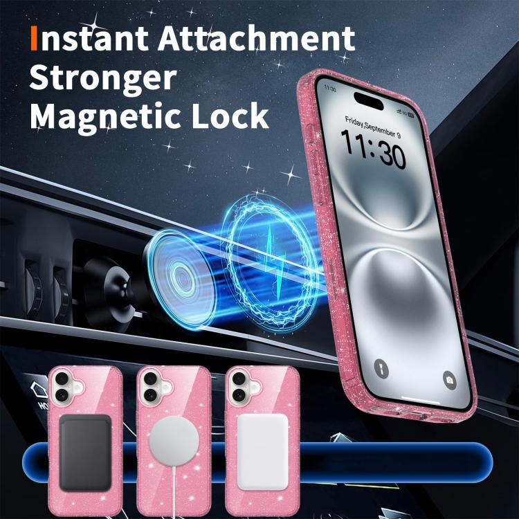 For iPhone 16 Clear Glitter Magnetic PC Hybrid TPU Phone Case