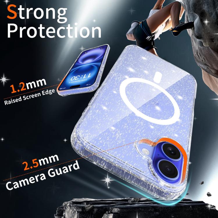 For iPhone 16 Clear Glitter Magnetic PC Hybrid TPU Phone Case