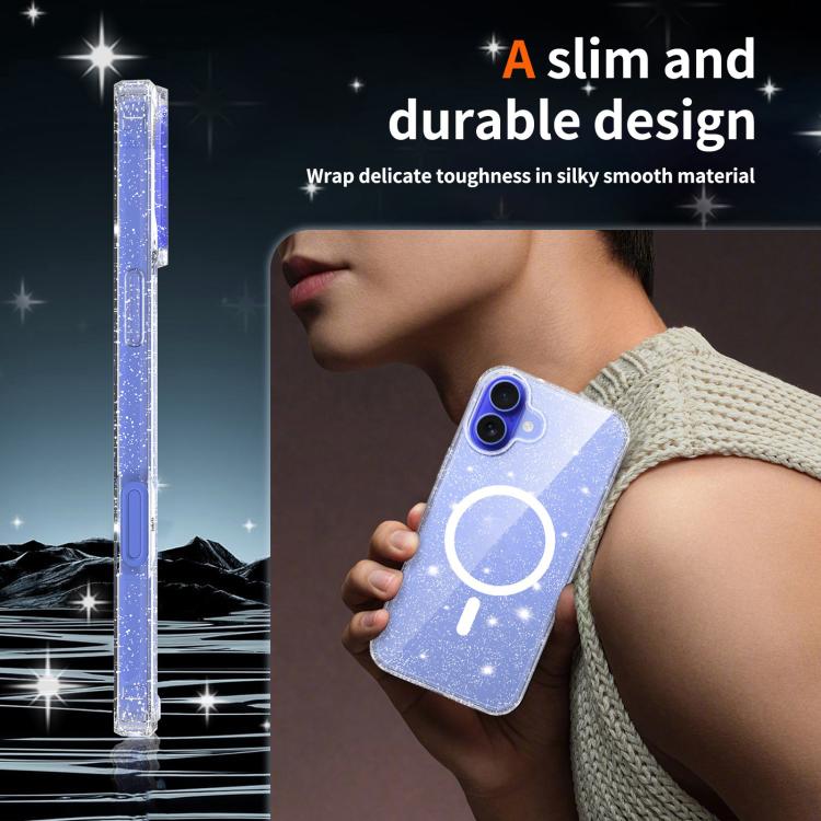 For iPhone 16 Clear Glitter Magnetic PC Hybrid TPU Phone Case
