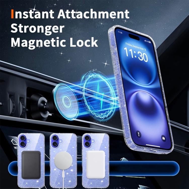 For iPhone 16 Clear Glitter Magnetic PC Hybrid TPU Phone Case