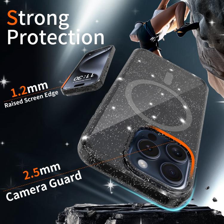 For iPhone 15 Pro Max Clear Glitter Magnetic PC Hybrid TPU Phone Case