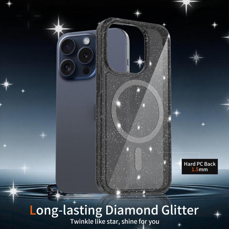 For iPhone 15 Pro Max Clear Glitter Magnetic PC Hybrid TPU Phone Case