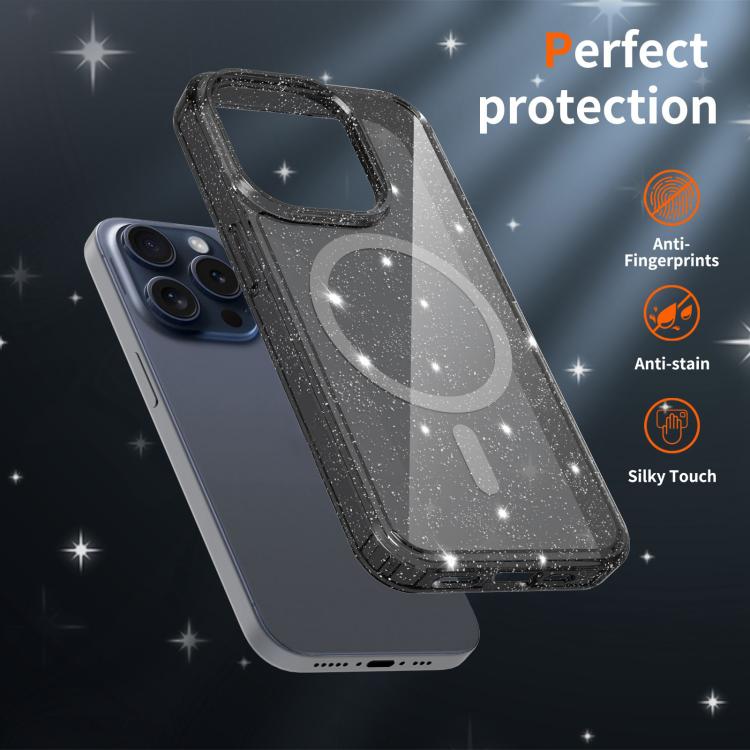 For iPhone 15 Pro Max Clear Glitter Magnetic PC Hybrid TPU Phone Case