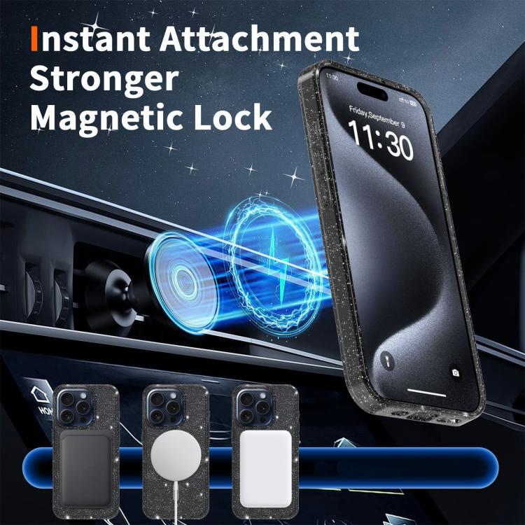For iPhone 15 Pro Max Clear Glitter Magnetic PC Hybrid TPU Phone Case