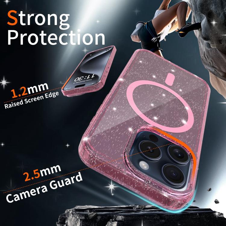 For iPhone 15 Pro Max Clear Glitter Magnetic PC Hybrid TPU Phone Case