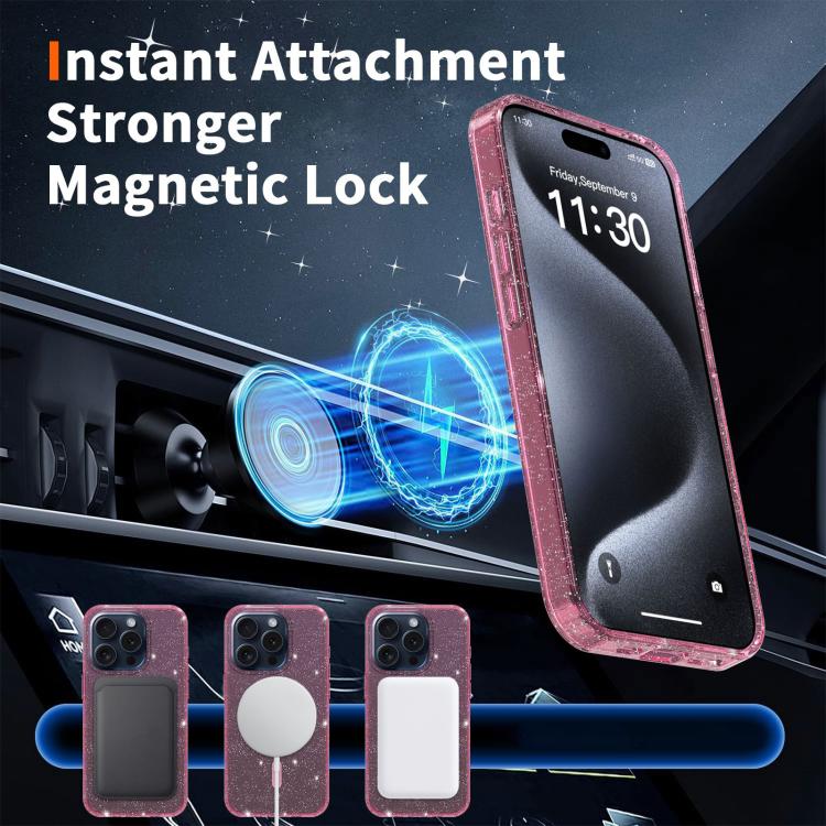 For iPhone 15 Pro Max Clear Glitter Magnetic PC Hybrid TPU Phone Case