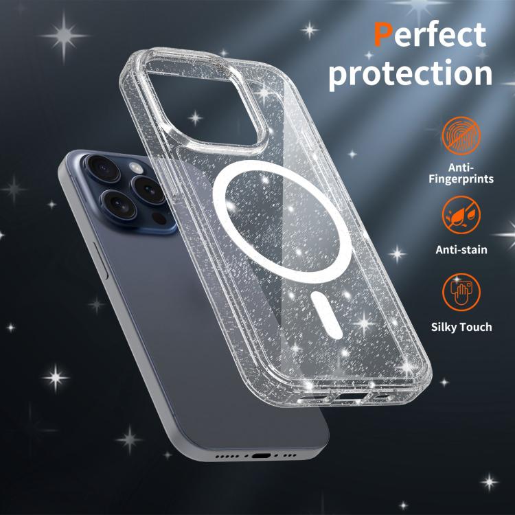 For iPhone 15 Pro Max Clear Glitter Magnetic PC Hybrid TPU Phone Case