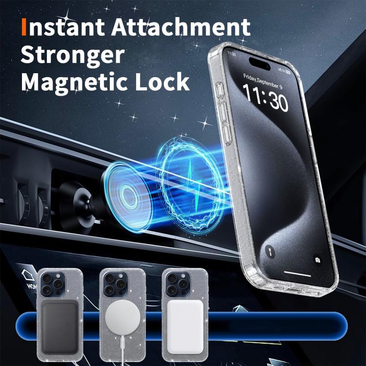 For iPhone 15 Pro Max Clear Glitter Magnetic PC Hybrid TPU Phone Case
