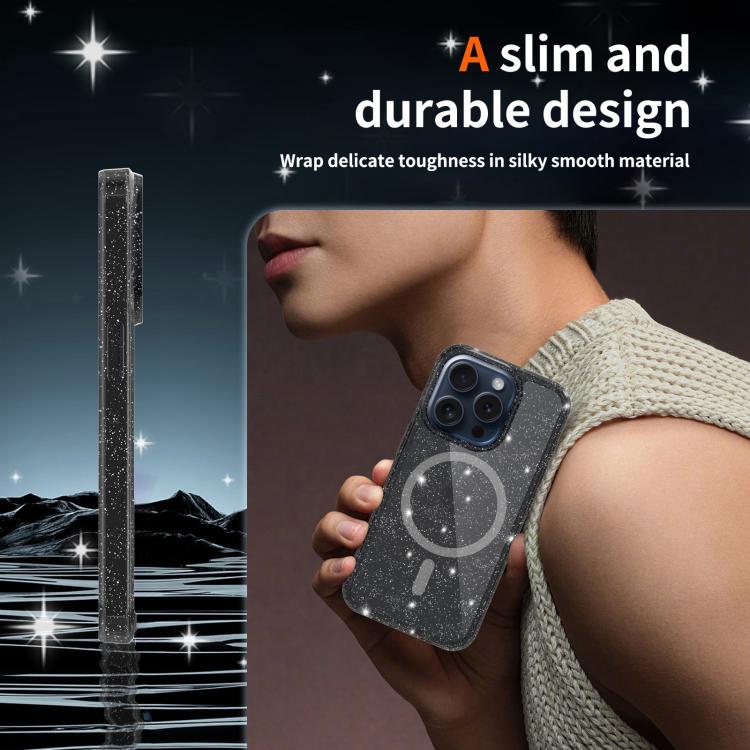 For iPhone 15 Pro Clear Glitter Magnetic PC Hybrid TPU Phone Case