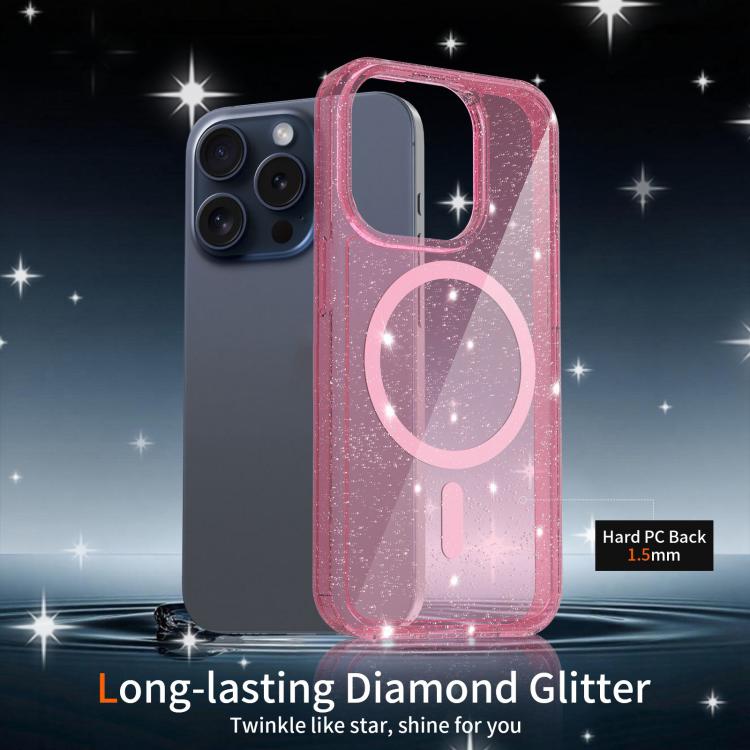 For iPhone 15 Pro Clear Glitter Magnetic PC Hybrid TPU Phone Case