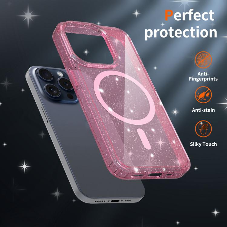 For iPhone 15 Pro Clear Glitter Magnetic PC Hybrid TPU Phone Case