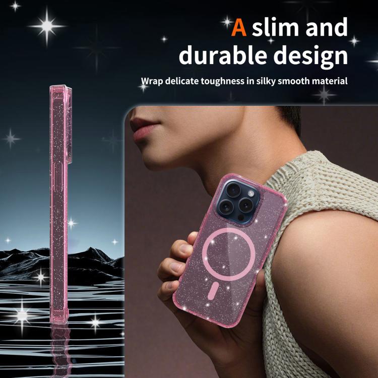 For iPhone 15 Pro Clear Glitter Magnetic PC Hybrid TPU Phone Case