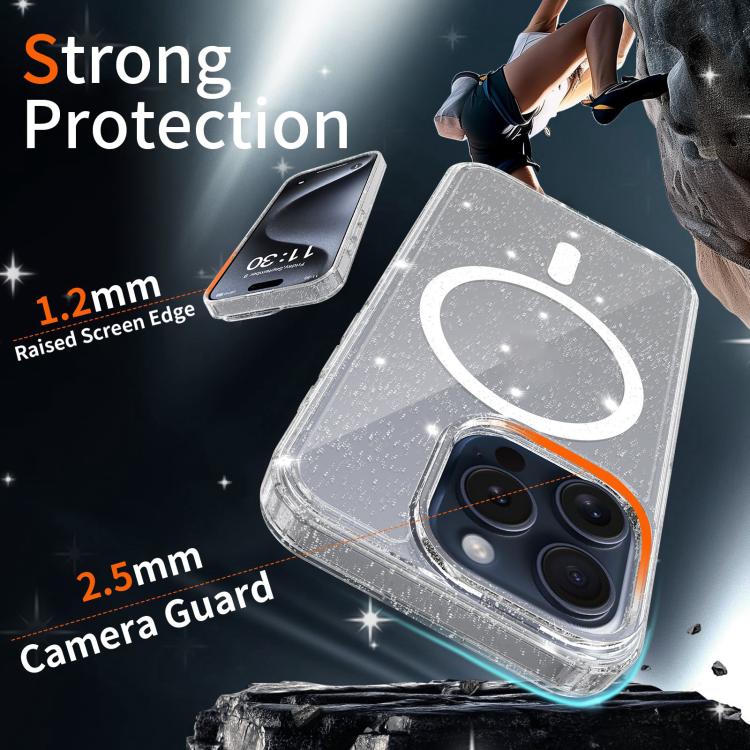 For iPhone 15 Pro Clear Glitter Magnetic PC Hybrid TPU Phone Case