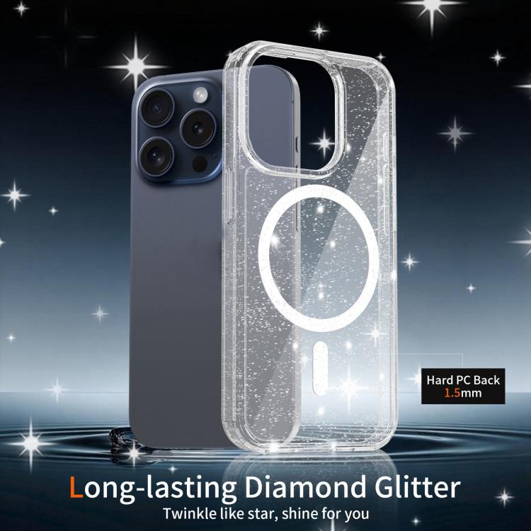 For iPhone 15 Pro Clear Glitter Magnetic PC Hybrid TPU Phone Case