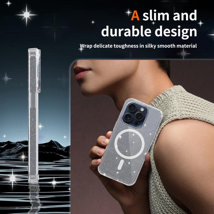 For iPhone 15 Pro Clear Glitter Magnetic PC Hybrid TPU Phone Case