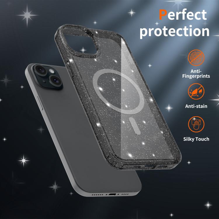 For iPhone 15 Clear Glitter Magnetic PC Hybrid TPU Phone Case