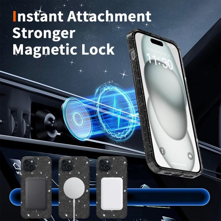 For iPhone 15 Clear Glitter Magnetic PC Hybrid TPU Phone Case