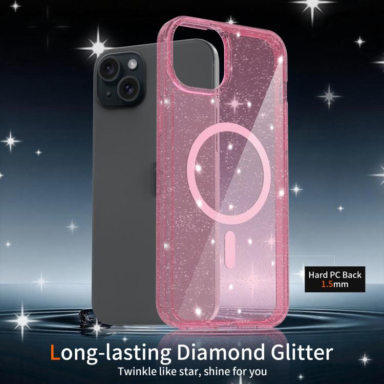 For iPhone 15 Clear Glitter Magnetic PC Hybrid TPU Phone Case