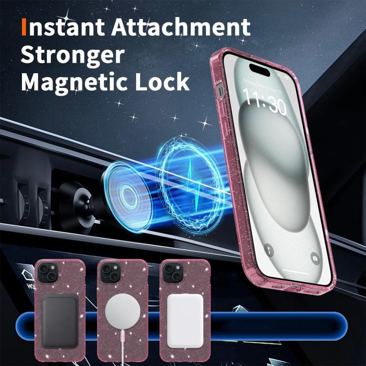For iPhone 15 Clear Glitter Magnetic PC Hybrid TPU Phone Case