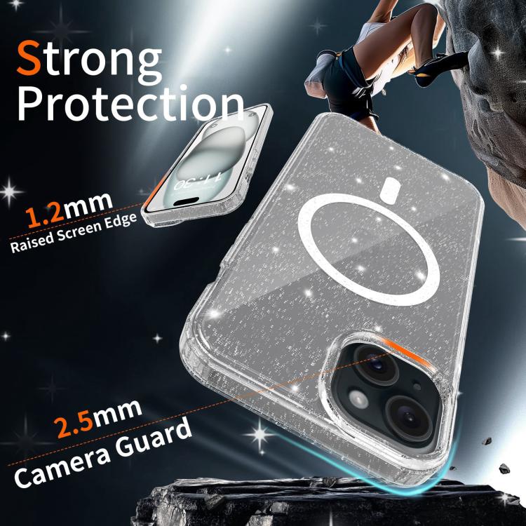 For iPhone 15 Clear Glitter Magnetic PC Hybrid TPU Phone Case