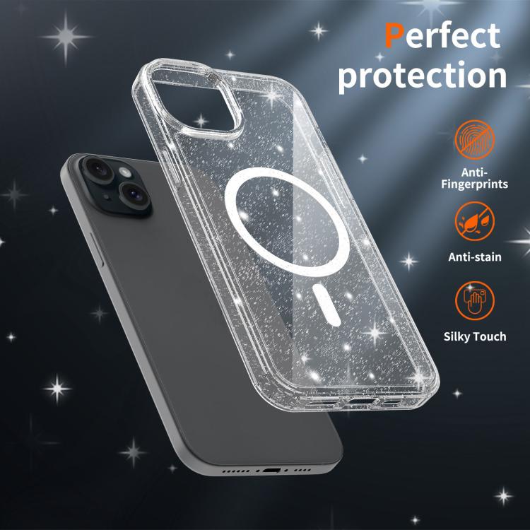For iPhone 15 Clear Glitter Magnetic PC Hybrid TPU Phone Case