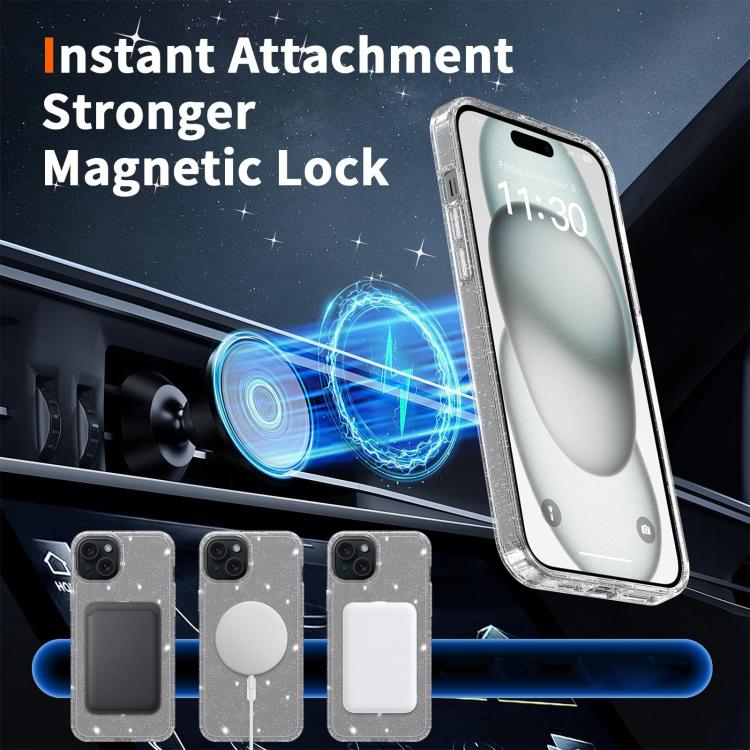 For iPhone 15 Clear Glitter Magnetic PC Hybrid TPU Phone Case