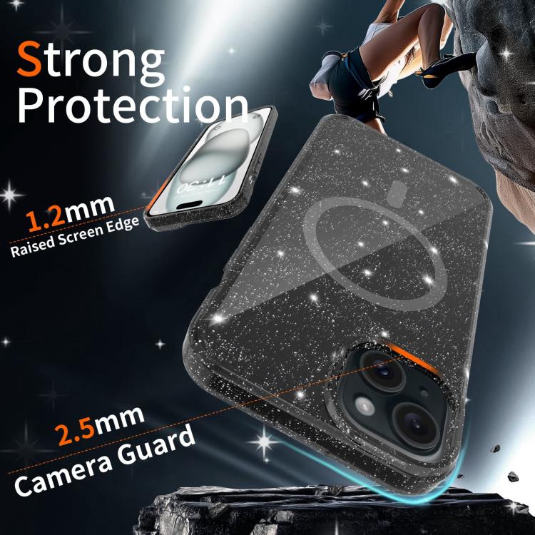 For iPhone 15 Plus / 14 Plus Clear Glitter Magnetic PC Hybrid TPU Phone Case