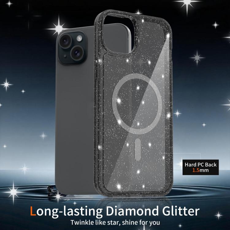 For iPhone 15 Plus / 14 Plus Clear Glitter Magnetic PC Hybrid TPU Phone Case