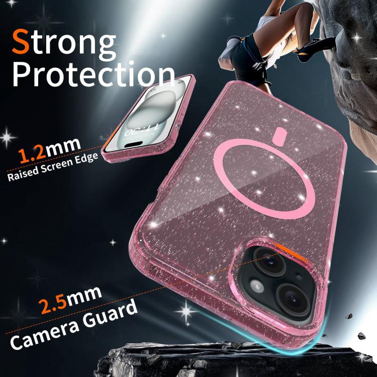 For iPhone 15 Plus / 14 Plus Clear Glitter Magnetic PC Hybrid TPU Phone Case