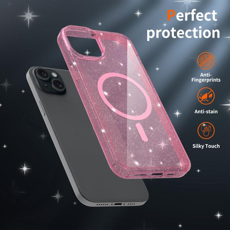 For iPhone 15 Plus / 14 Plus Clear Glitter Magnetic PC Hybrid TPU Phone Case