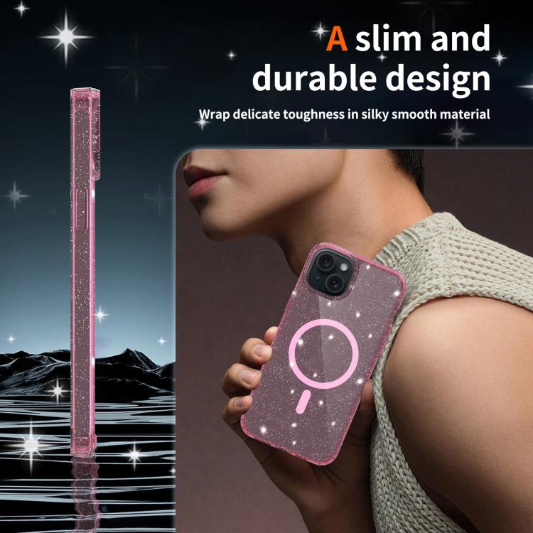 For iPhone 15 Plus / 14 Plus Clear Glitter Magnetic PC Hybrid TPU Phone Case