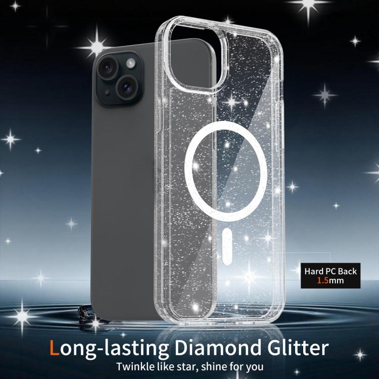 For iPhone 15 Plus / 14 Plus Clear Glitter Magnetic PC Hybrid TPU Phone Case