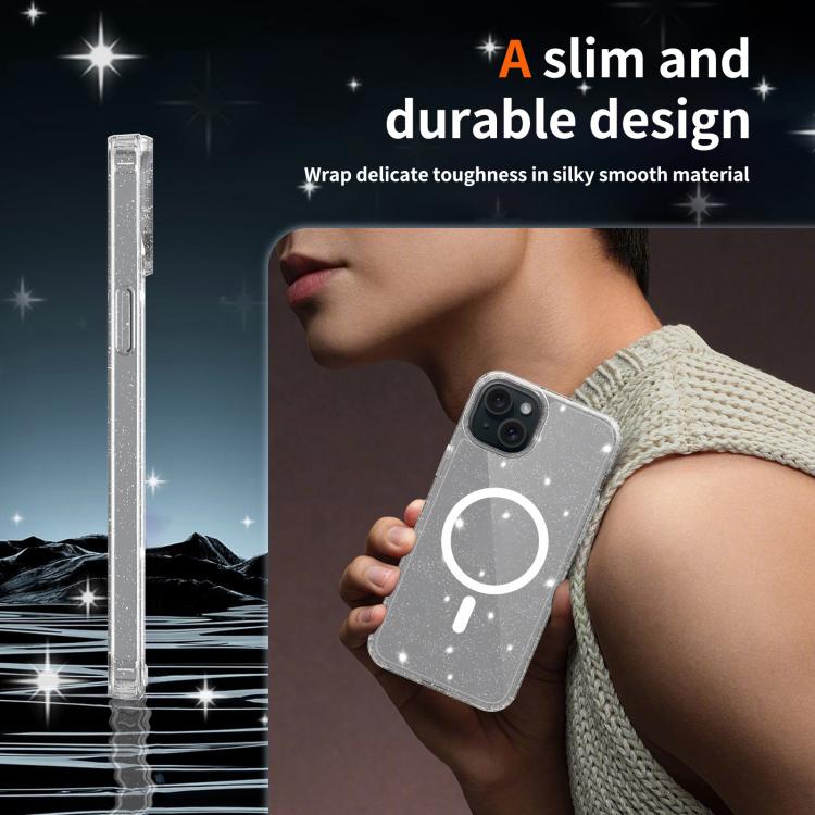 For iPhone 15 Plus / 14 Plus Clear Glitter Magnetic PC Hybrid TPU Phone Case