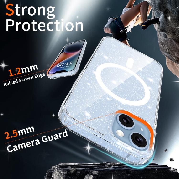 For iPhone 14 / 13 Clear Glitter Magnetic PC Hybrid TPU Phone Case