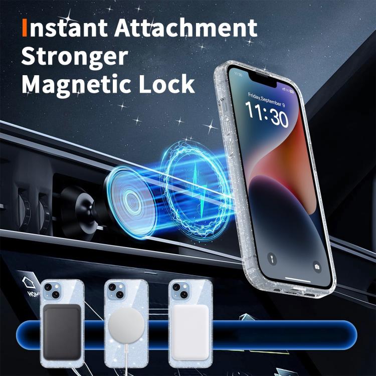 For iPhone 14 / 13 Clear Glitter Magnetic PC Hybrid TPU Phone Case