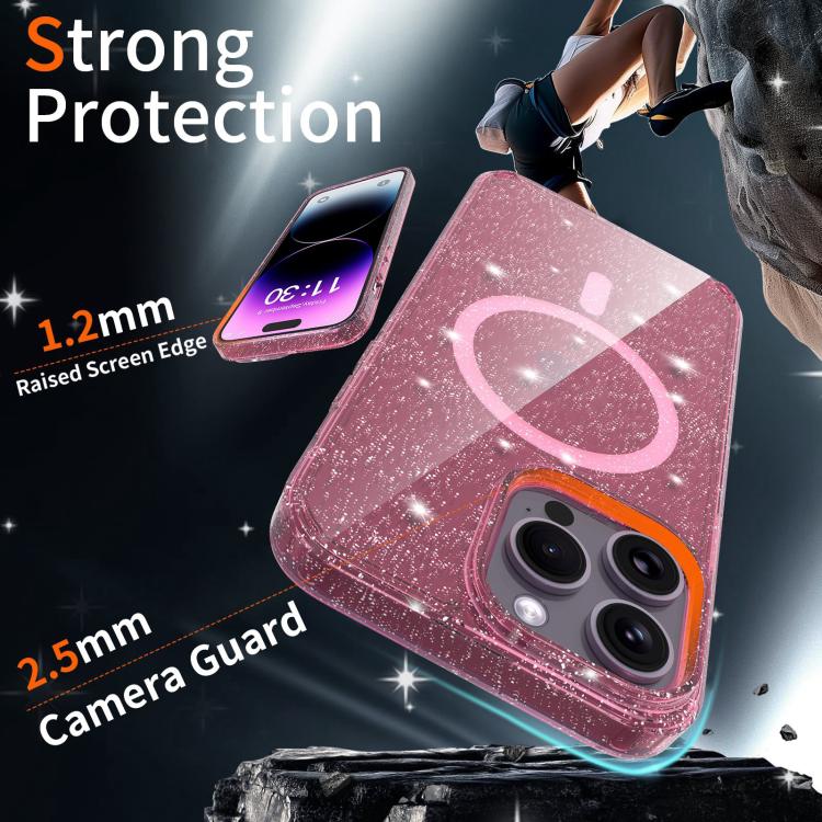 For iPhone 14 Pro Clear Glitter Magnetic PC Hybrid TPU Phone Case