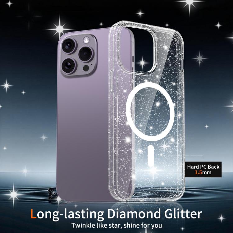 For iPhone 14 Pro Clear Glitter Magnetic PC Hybrid TPU Phone Case
