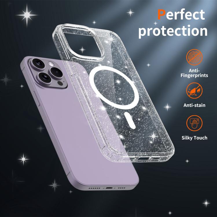 For iPhone 14 Pro Clear Glitter Magnetic PC Hybrid TPU Phone Case
