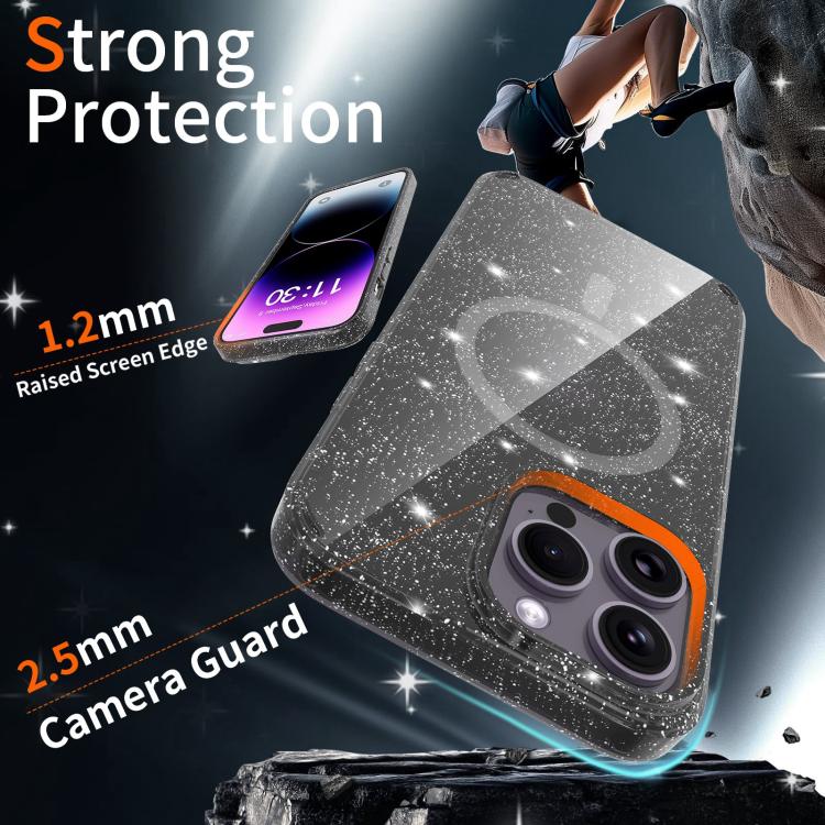 For iPhone 14 Pro Max Clear Glitter Magnetic PC Hybrid TPU Phone Case