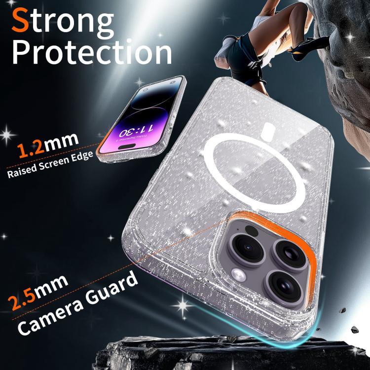 For iPhone 14 Pro Max Clear Glitter Magnetic PC Hybrid TPU Phone Case