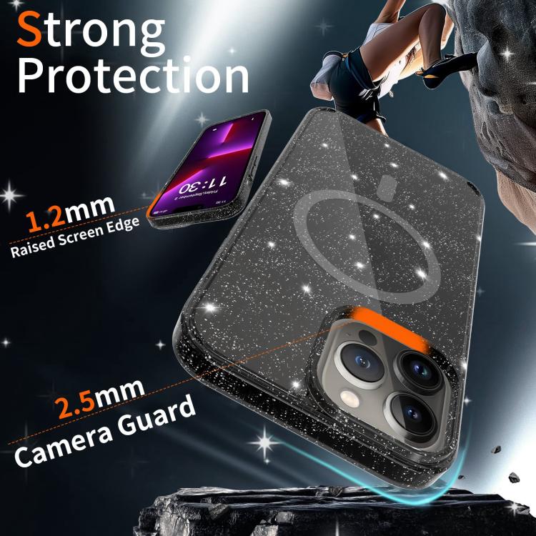For iPhone 13 Pro Clear Glitter Magnetic PC Hybrid TPU Phone Case